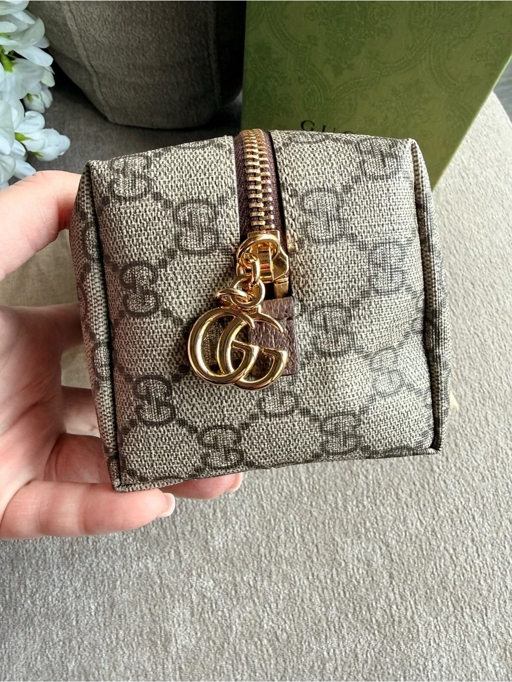 Gucci Beige GG Supreme Canvas Cosmetic Case with Brown Trim and Gold Hardware